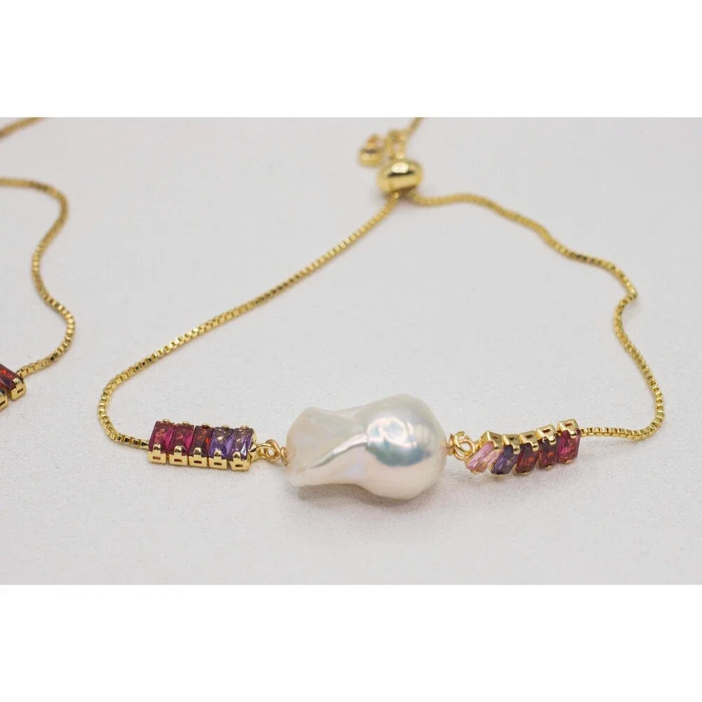 Adjustable White Baroque Pearl Bracelet With Chain and Rainbow Zircon